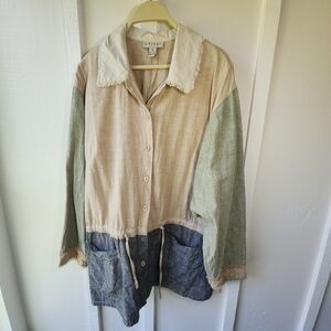 LEILEI Collection Linen Blend Collared Button Front Top Boho Color Block Size 2X